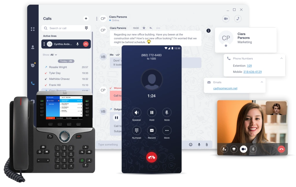 Abbax cloud communications dashboard with softphone, video, and desk phone
