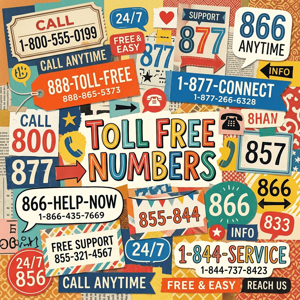 Colorful collage of toll-free number prefixes and call-anytime badges