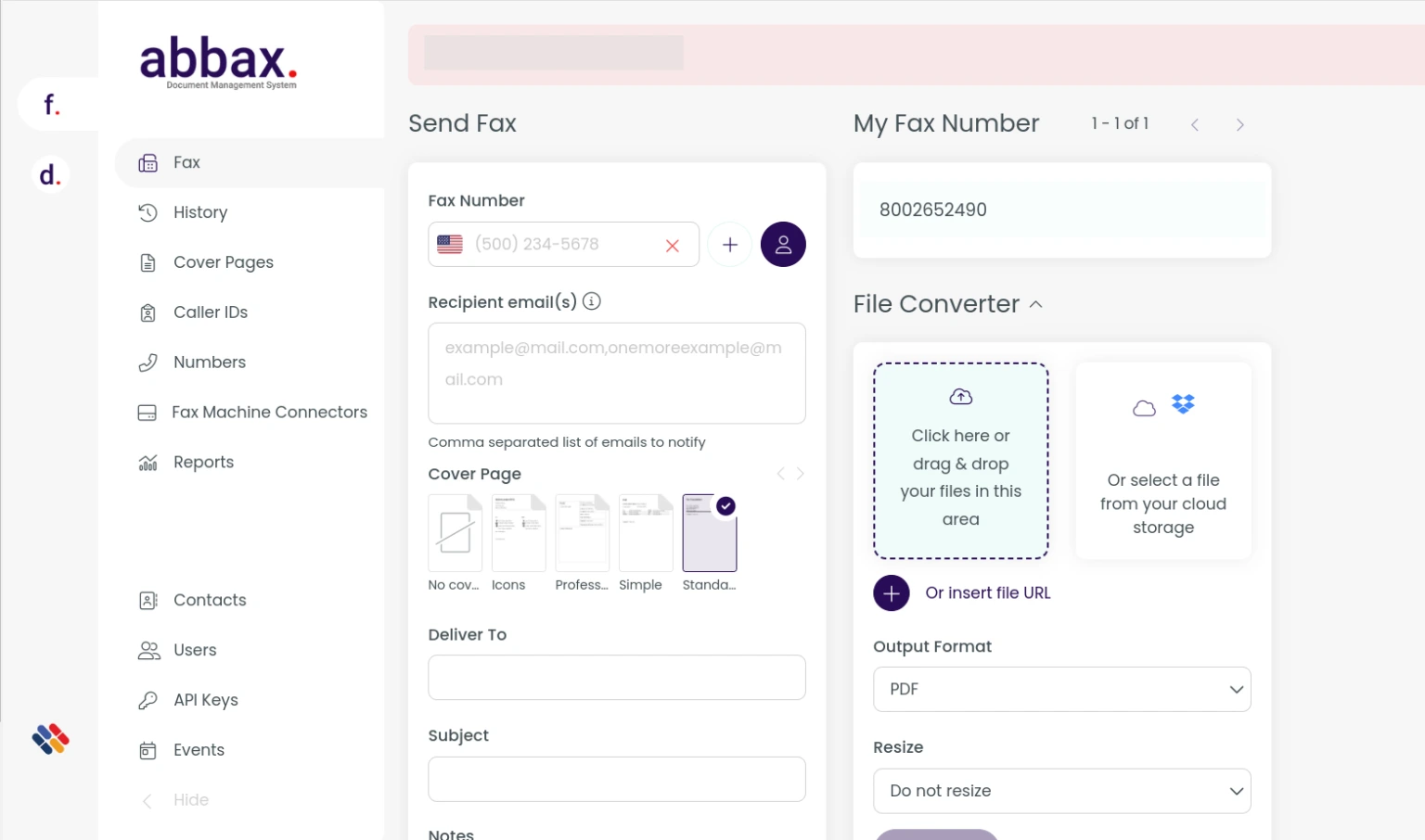 Abbax Cloud Fax — send fax dashboard